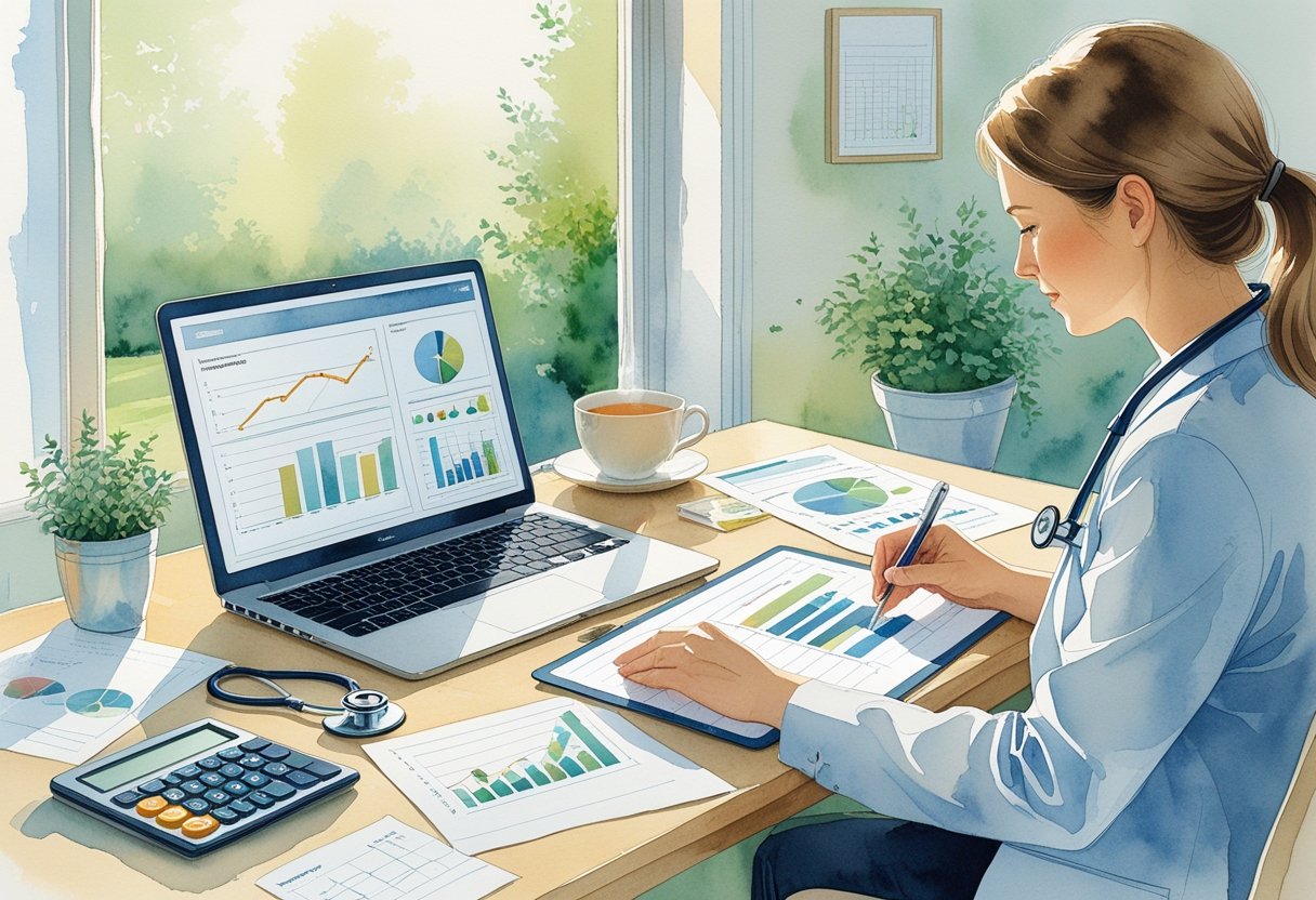 A person working at a desk with a laptop, financial documents, and healthcare tools in a cozy room with a window showing a garden outside.