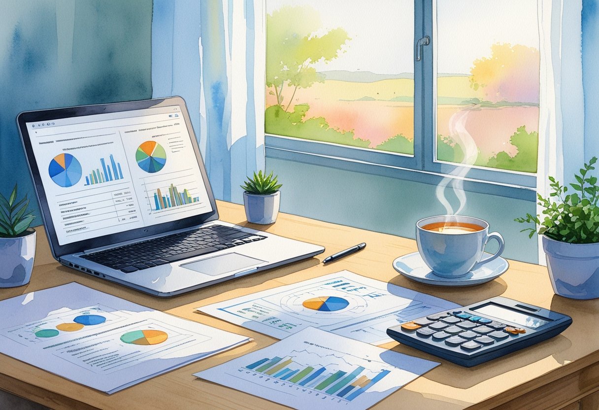 A home office desk with a laptop, financial papers, calculator, and a cup of tea near a window with an outdoor view.