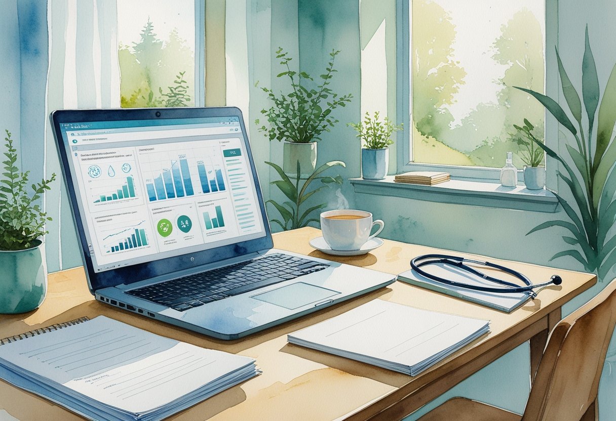 A home office desk with a laptop, financial charts, healthcare tools, and a cup of tea near a window showing trees outside.