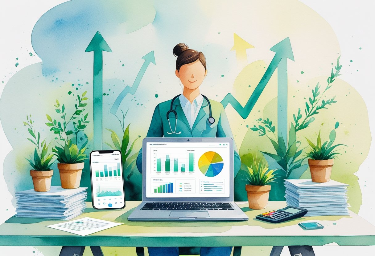 A telehealth practitioner working at a home office desk with a laptop, smartphone, documents, and plants, surrounded by symbols of financial growth.
