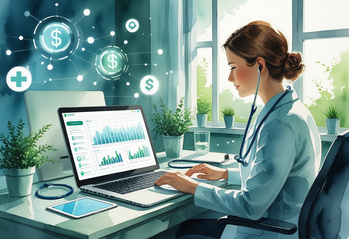 A telehealth practitioner working on a laptop in a home office with medical tools nearby and digital financial symbols floating in the background.