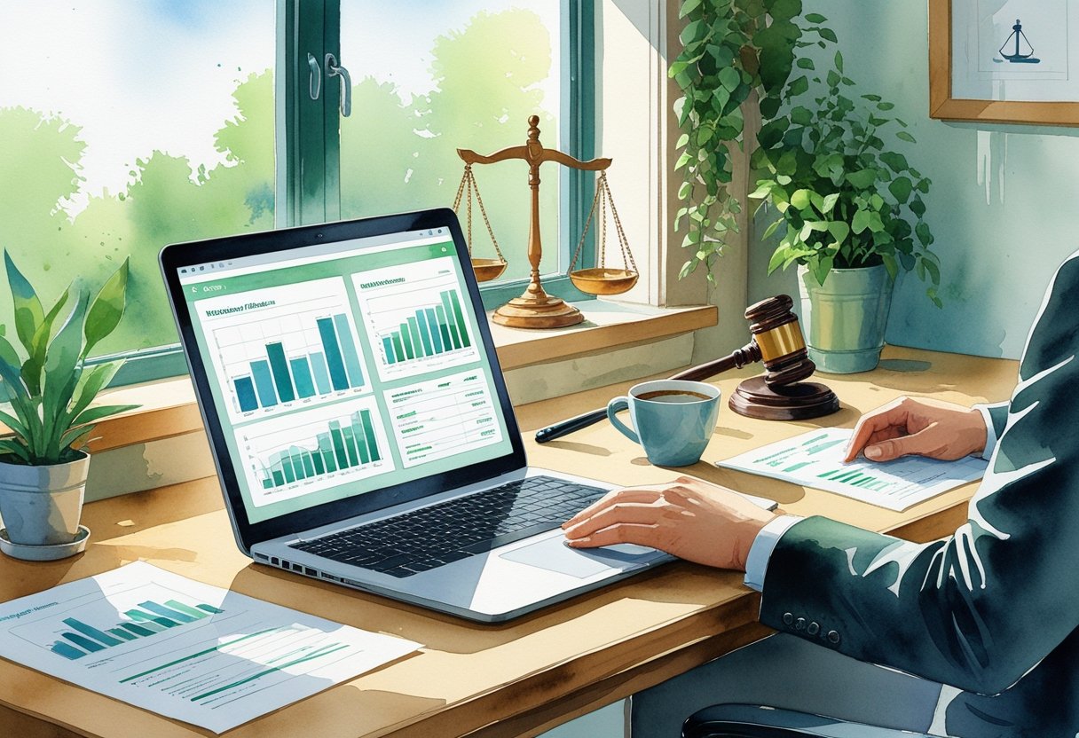A calm workspace with a laptop showing financial charts, papers with legal symbols, a coffee cup, and plants by a window.